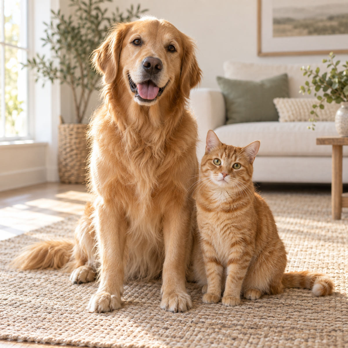A golden retriever and ginger cat relaxing together at home