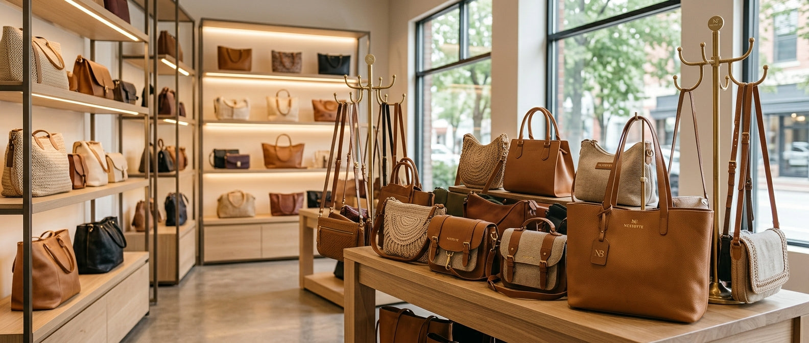 Structured leather handbags on lit boutique display shelves