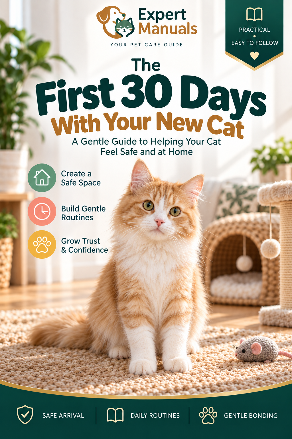 Expert Manuals — The First 30 Days With Your New Cat cover featuring a ginger-and-white cat in a welcoming home