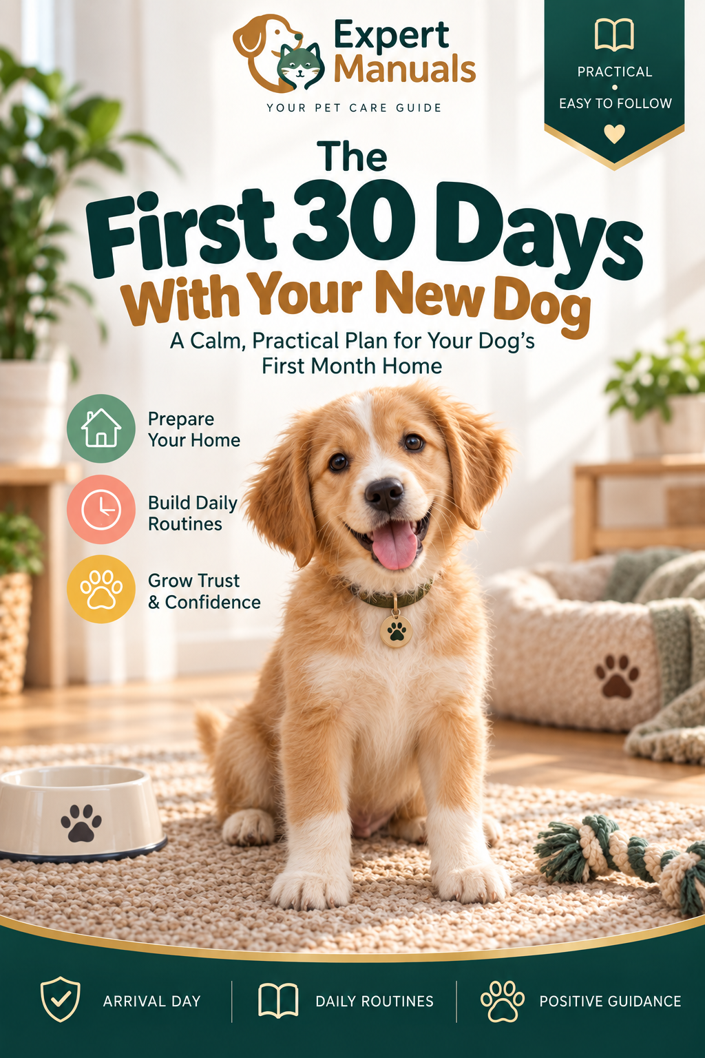 Expert Manuals — The First 30 Days With Your New Dog cover featuring a puppy in a welcoming home
