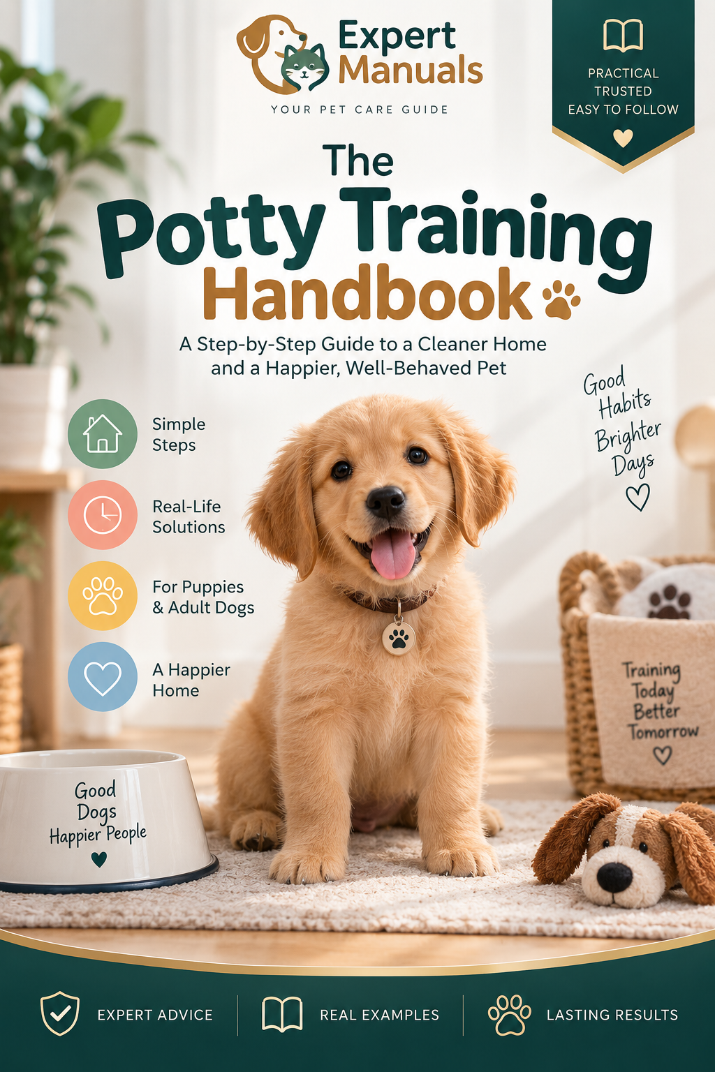 Expert Manuals — The Potty Training Handbook cover with a golden retriever puppy