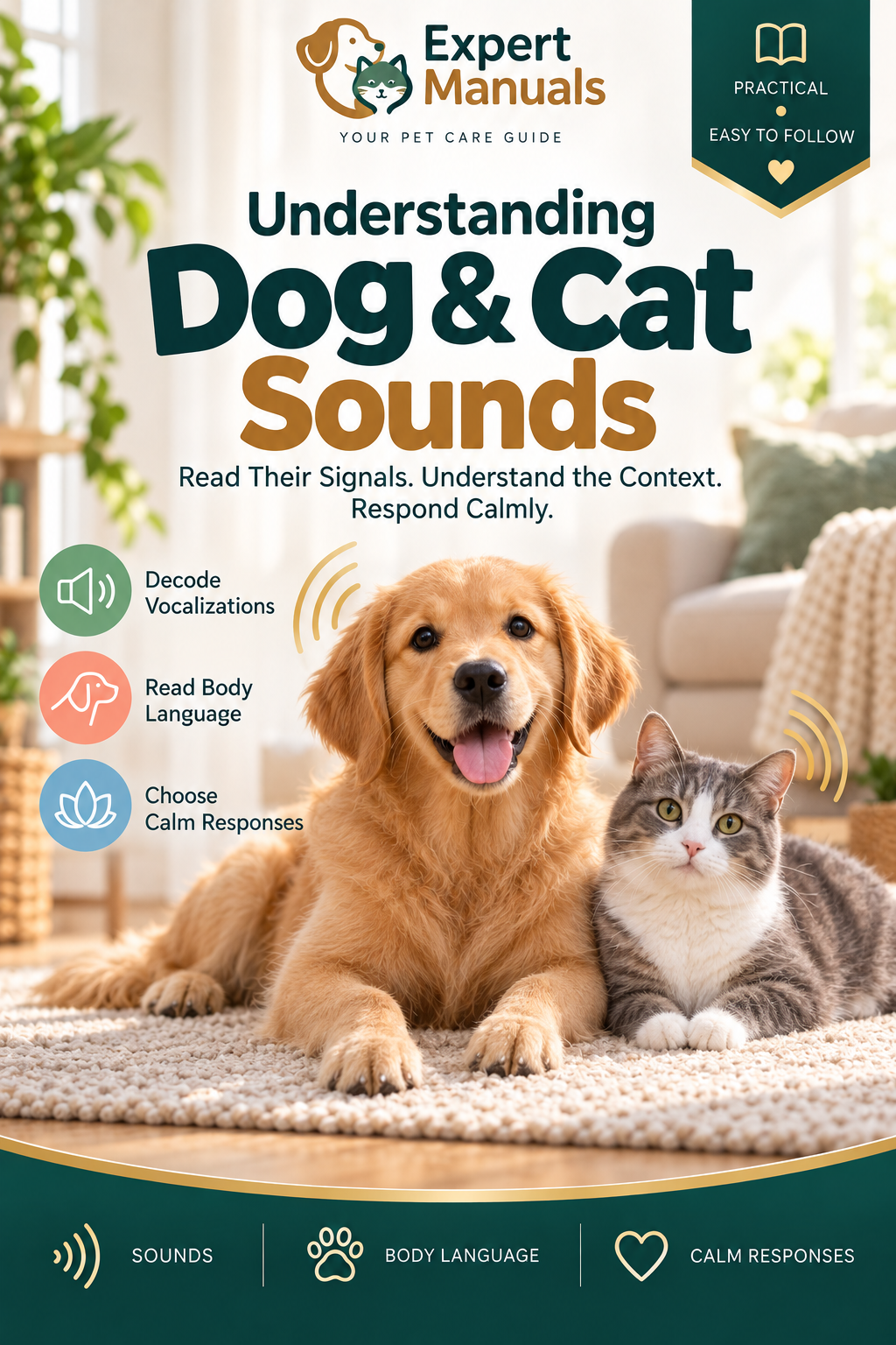 Expert Manuals — Understanding Dog & Cat Sounds cover featuring a golden retriever and a gray-and-white cat