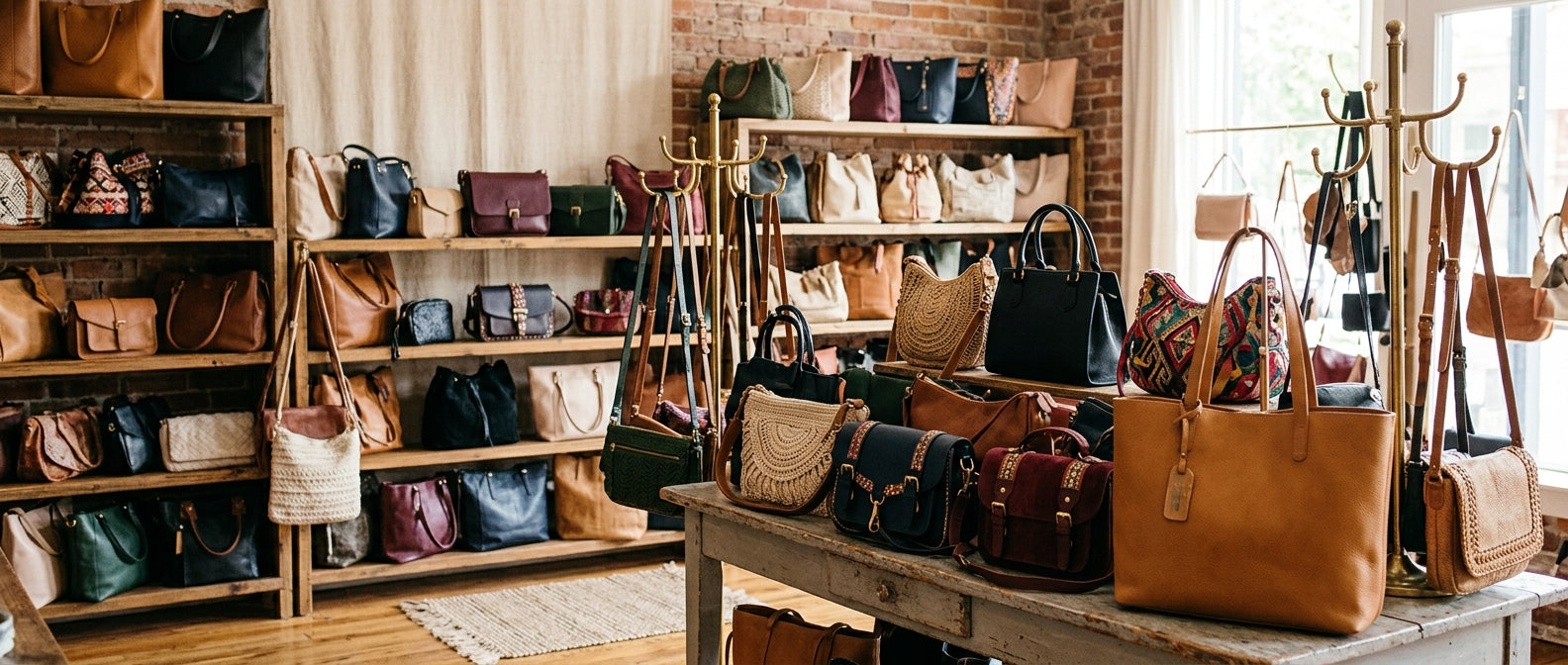 Handbag boutique interior with leather totes, crossbody bags and woven purses on rustic wooden shelves