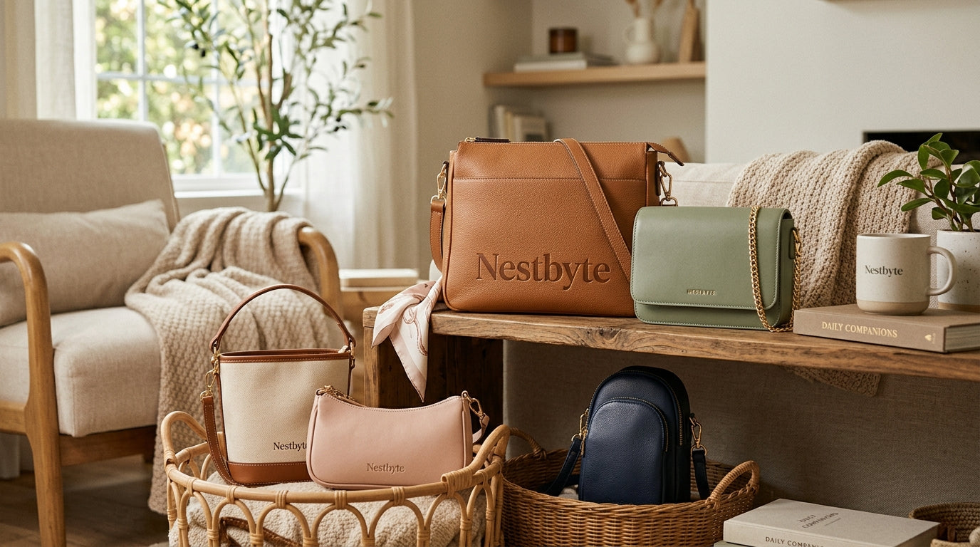 Nestbyte handbag collection in tan, sage, blush and navy styled in a warm living room